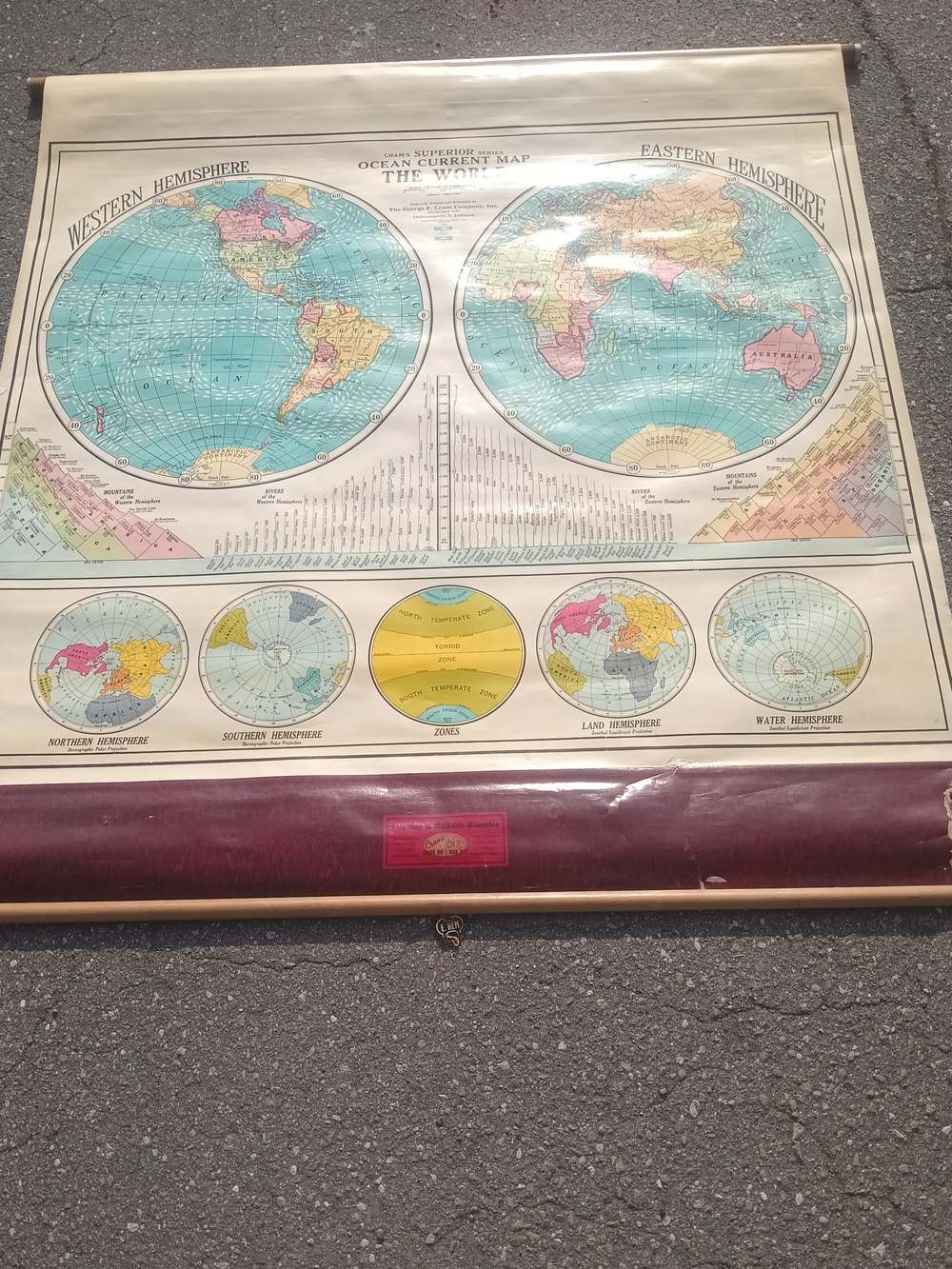 Crams Superior Ocean Current Vintage Map Of The World Canvas Paper USA Print 50”